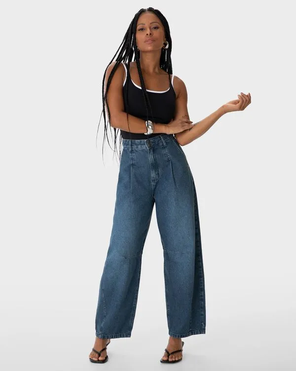 Calça Feminina Barrel Cintura Média Em Jeans 100% Algodão - ENFIM Azul - 38
