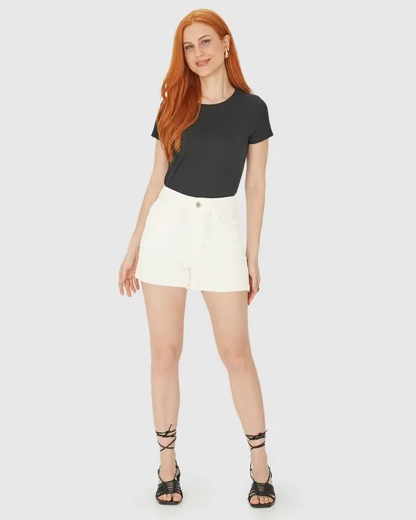 Shorts Feminino Cintura Alta Em Sarja Com Elastano Off White - 44