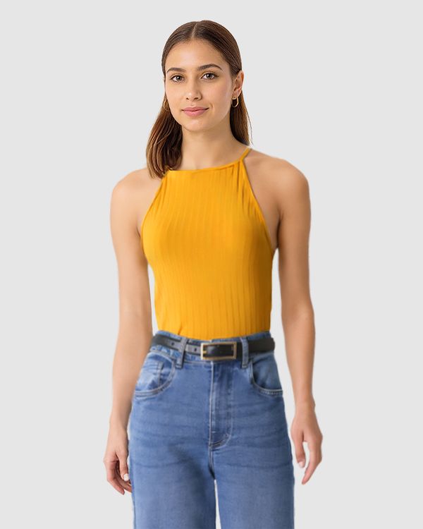 Regata Feminina Decote Halter Alça Fina Em Malha Viscose Canelada Amarelo - P