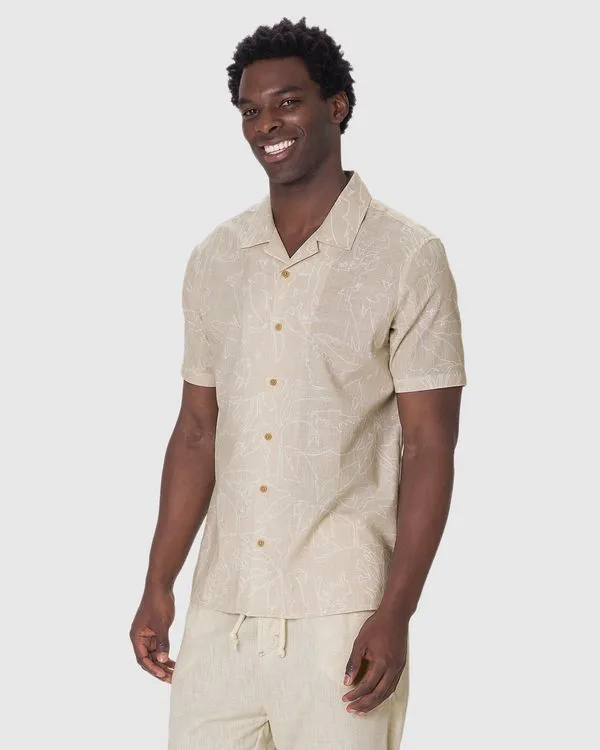 Camisa Masculina Estampa Bananeira Manga Curta Em Algodão Bege - G