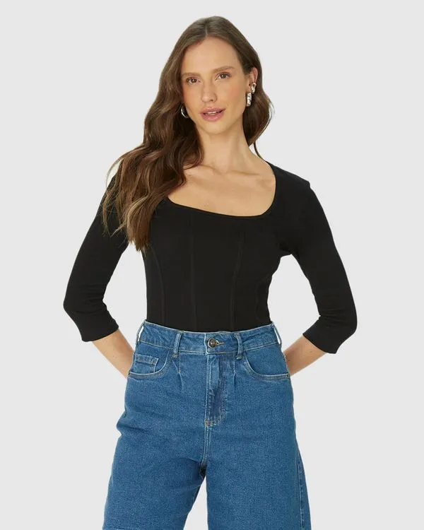 Blusa Long Cropped Feminina Corset Em Ribana Preto - M