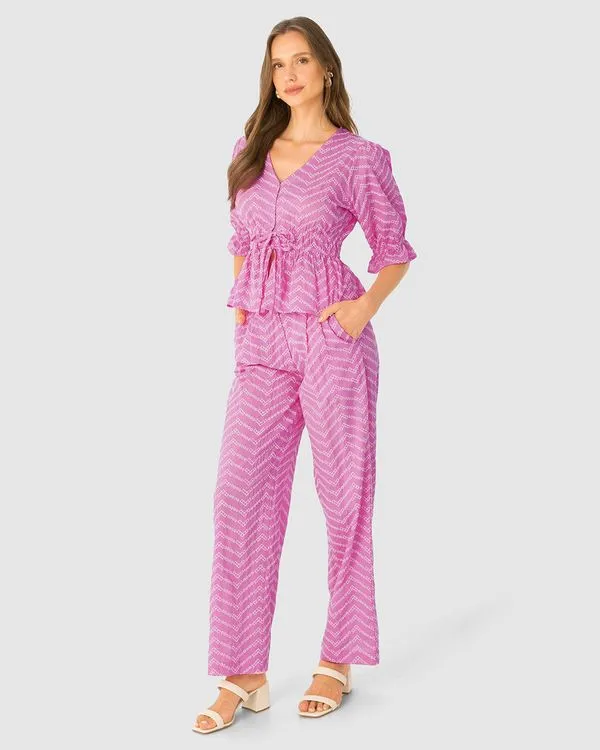 Blusa Long Cropped Feminina Com Amarração Em Algodão Bordado Rosa - M