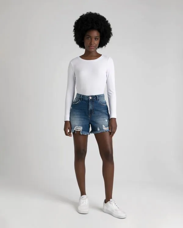 Shorts Feminino Boyfriend Barra Desfiada Em Jeans - ENFIM Azul - 36