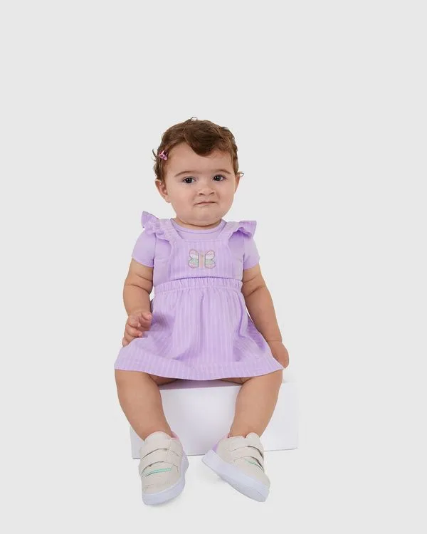 Conjunto Bebê Menina Body E Vestido Salopete Em Moletinho Listrado Malwee Kids Roxo - 24M