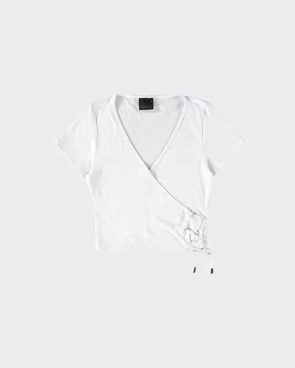 Blusa Cropped Feminina Com Amarração Em Malha Viscose Canelada - ENFIM Branco - GG