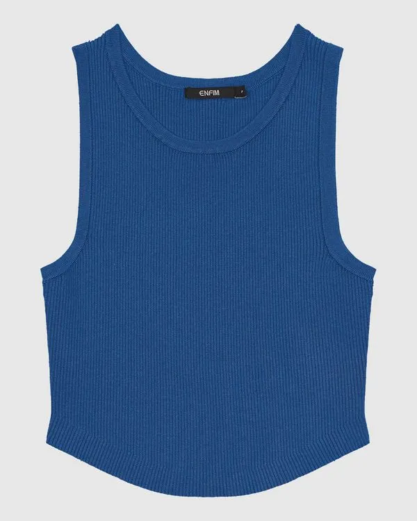 Regata Cropped Feminina Barra Arredondada Em Tricô - ENFIM Azul - G