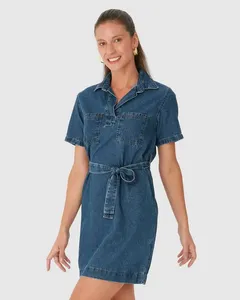 Vestido Polo Feminino Bolso Frontal E Cinto Em Jeans Leve Azul - GG