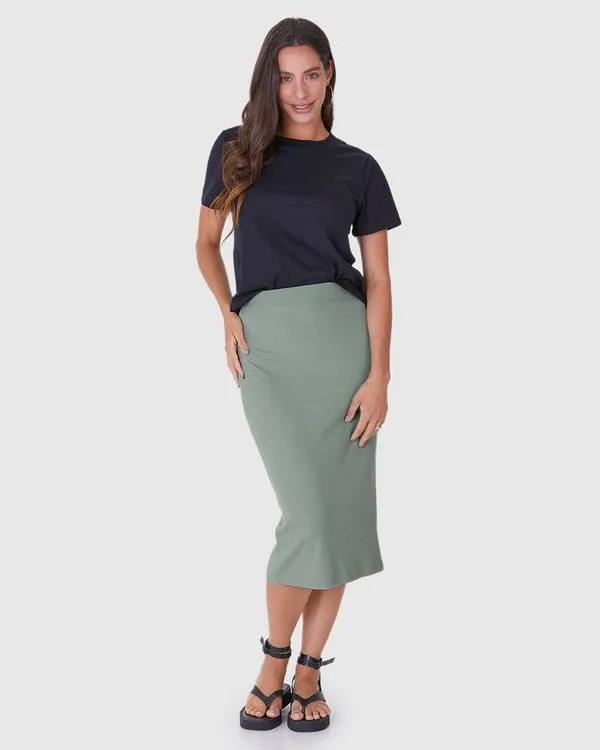 Saia Midi Feminina Em Malha Viscose Canelada Verde - GG