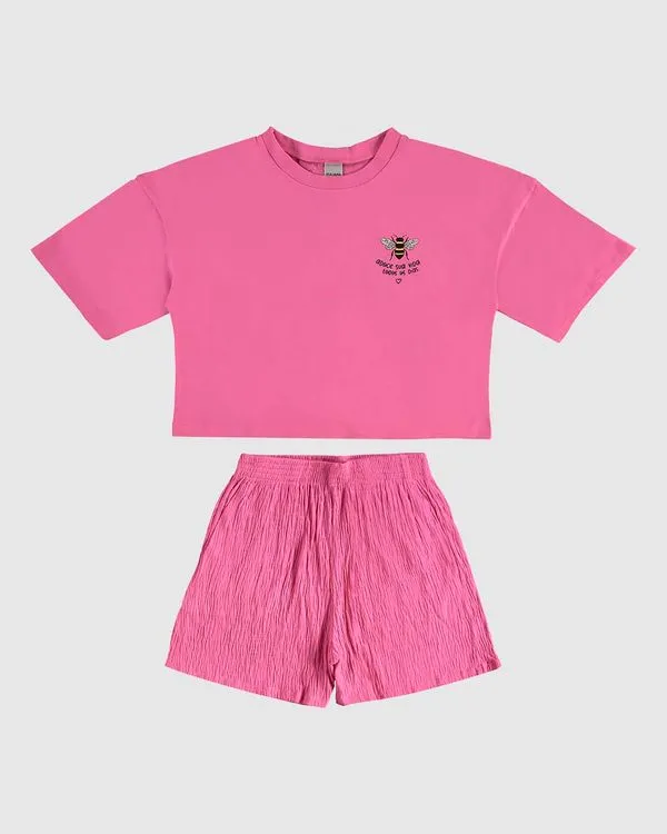 Conjunto Menina Blusa E Shorts Em Malha Texturizada Malwee Kids Rosa - 16