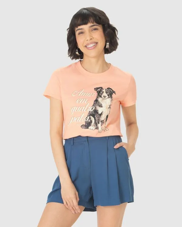 Camiseta Feminina Manga Curta Amor Em Quatro Patas Em Algodão Laranja - M