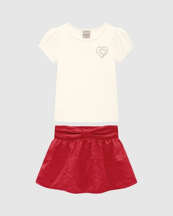 Conjunto Menina Blusa E Saia Bordada Em Algodão - Carinhoso Off White - 1