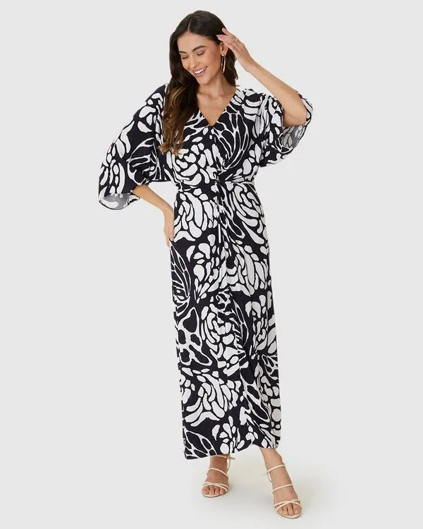 Vestido Midi Feminino Estampado Decote V Torção Frontal Em Viscose Off White - G