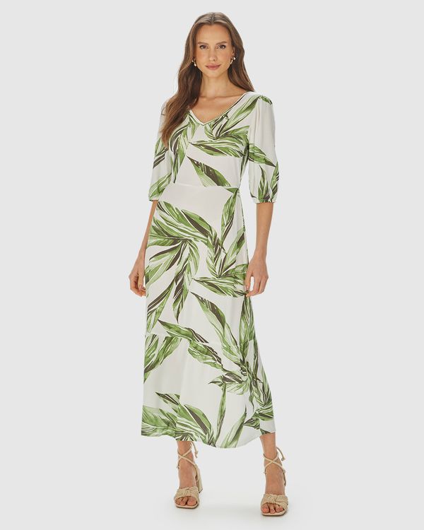 Vestido Midi Feminino Marias Estampado Manga 3/4 Em Viscose Off White - G