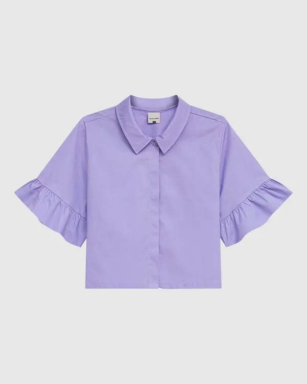 Camisa Cropped Feminina Manga Com Babado Em Tricoline Roxo - P