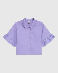 Camisa Cropped Feminina Manga Com Babado Em Tricoline Roxo - GG