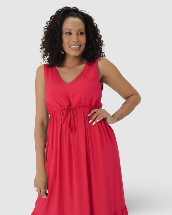 Vestido Midi Feminino Evasê Amarração Funcional Em Viscose Vermelho - M