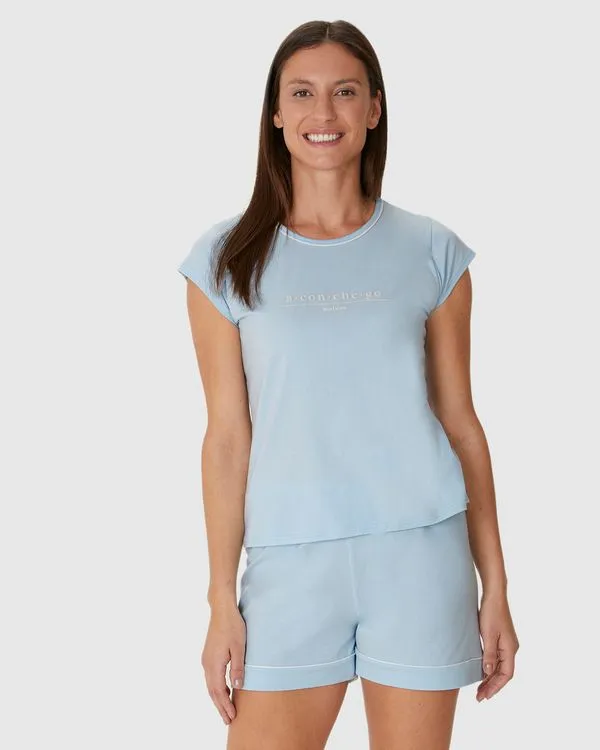 Pijama Curto Feminino Estampa Alto-Relevo Aconchego Em Algodão Azul - M