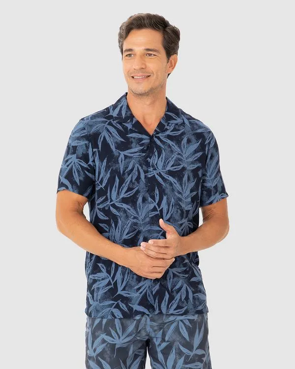 Camisa Masculina Manga Curta Estampa Folhagem Em Viscose Azul - GG