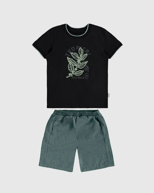 Conjunto Infantil Menino Camiseta Tropical Wild Native E Bermuda Malwee Kids Preto - 18