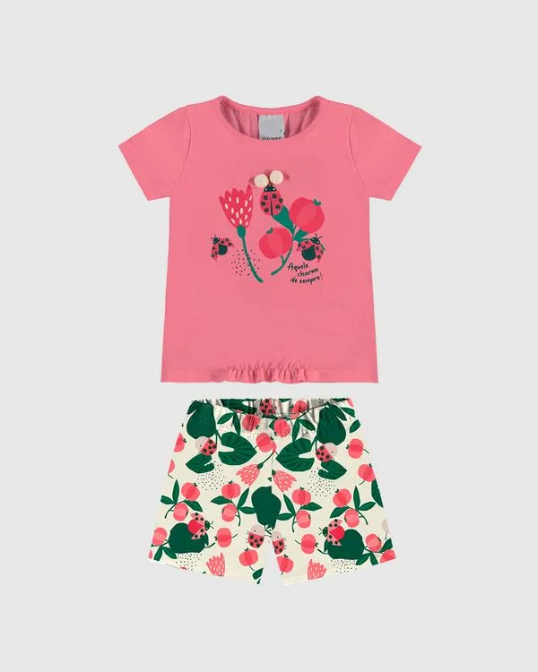 Conjunto Infantil Menina Blusa Estampa Glitter + Pompons Em Algodão Malwee Kids Rosa - 8