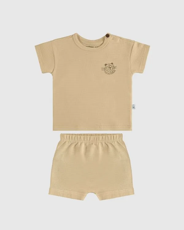 Conjunto Infantil Menino Camiseta Abertura Ombro Em Malha Textura Malwee Kids Bege - 12M