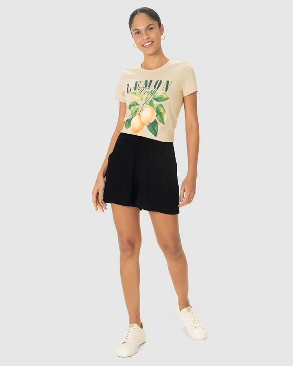 Shorts Alfaiataria Feminino Cós Elástico Bolso Frontal Em Viscose Preto - P