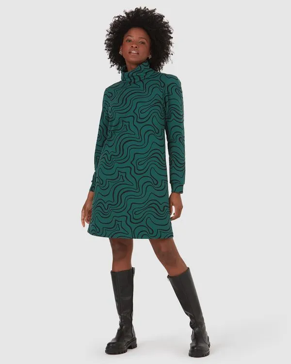 Vestido Feminino Gola Alta Estampado Em Moletom Stretch Verde - P