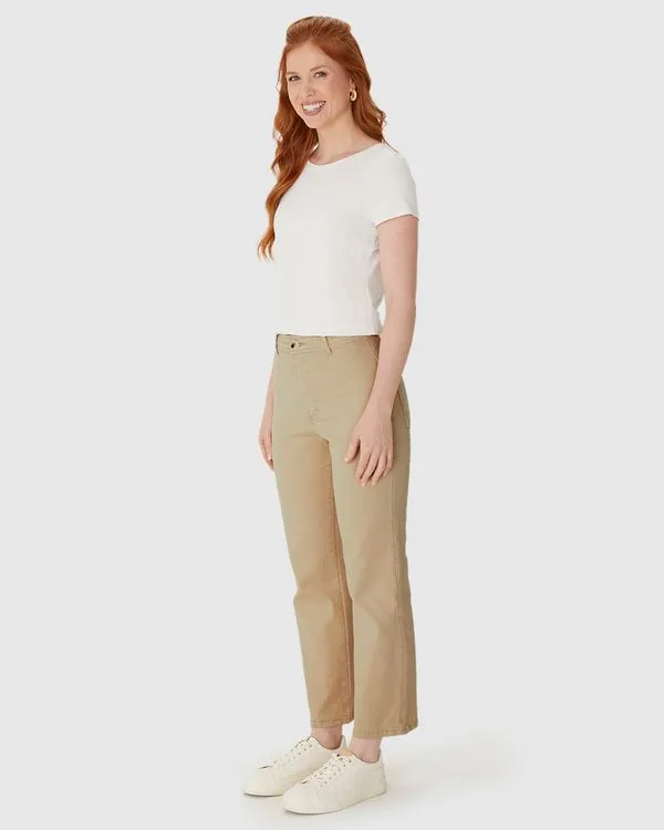 Calça Straight Cropped Feminina Bolso Funcional Em Sarja Com Elastano Bege - 36