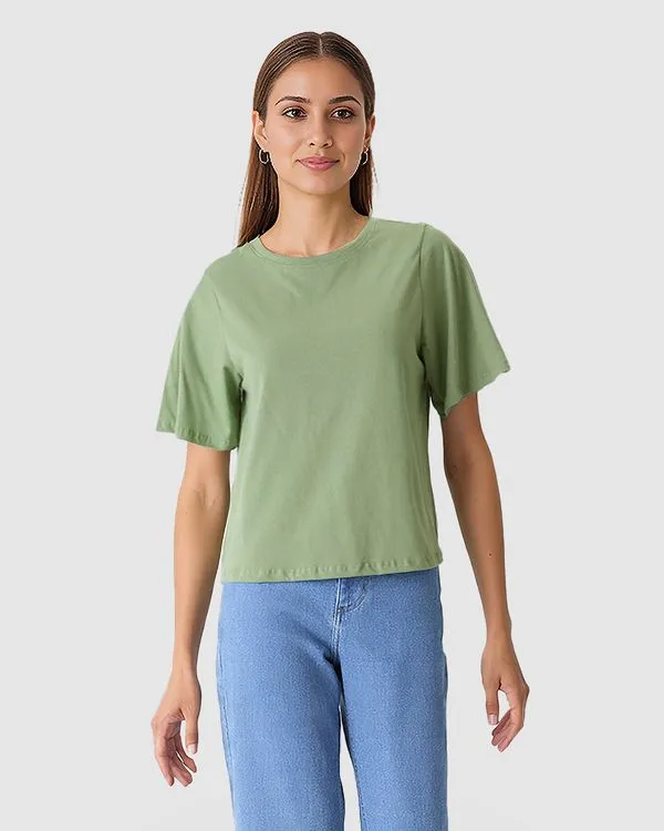 Blusa Feminina Reta Manga Curta Godê Em Algodão Verde - M