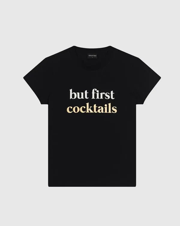 T-Shirt Feminina Baby Look Estampa Foil Cocktails Em Algodão - ENFIM Preto - GG