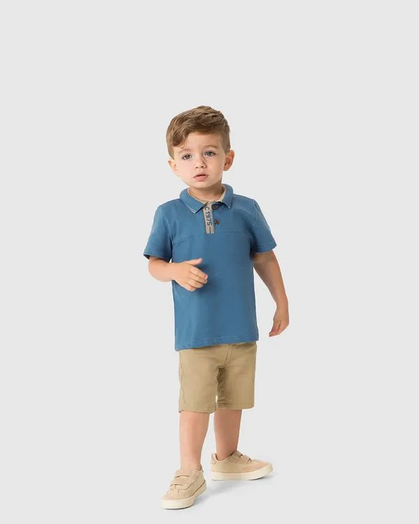 Conjunto Menino Camisa Polo Gola Retilínea Em Algodão - Carinhoso Azul - 8