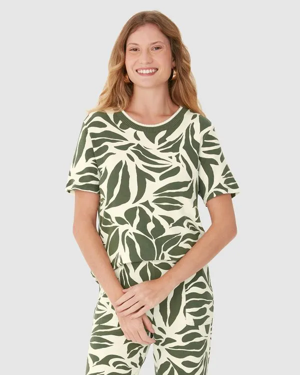 Blusa Feminina Estampada Decote Retilínea Em Moletinho De Viscose Verde - P