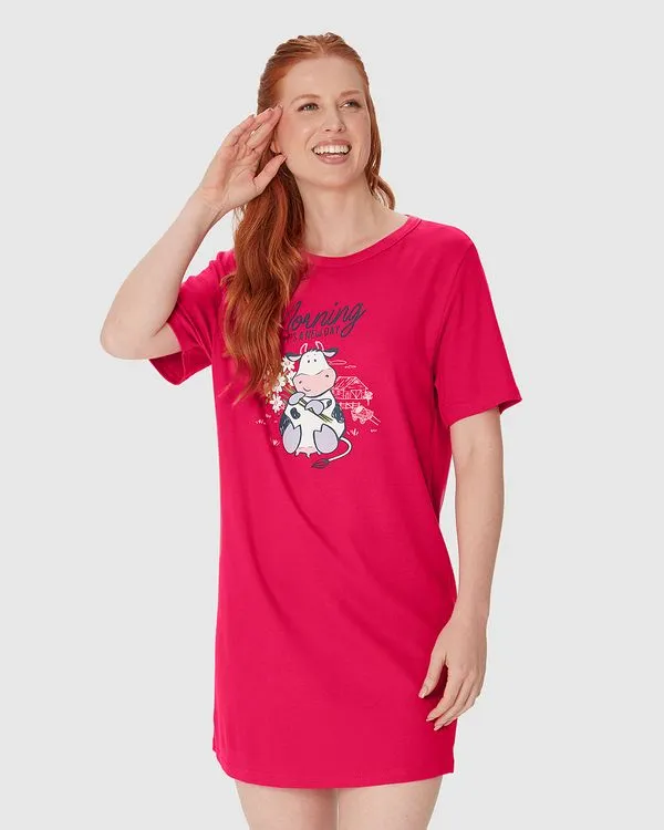 Camisola Feminina Manga Curta Estampa Frontal Em Algodão Rosa - PP