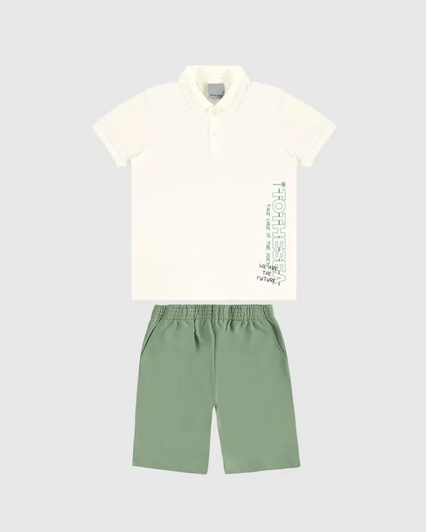 Conjunto Infantil Menino Camisa Polo E Bermuda Com Bolso Faca Malwee Kids Off White - 12