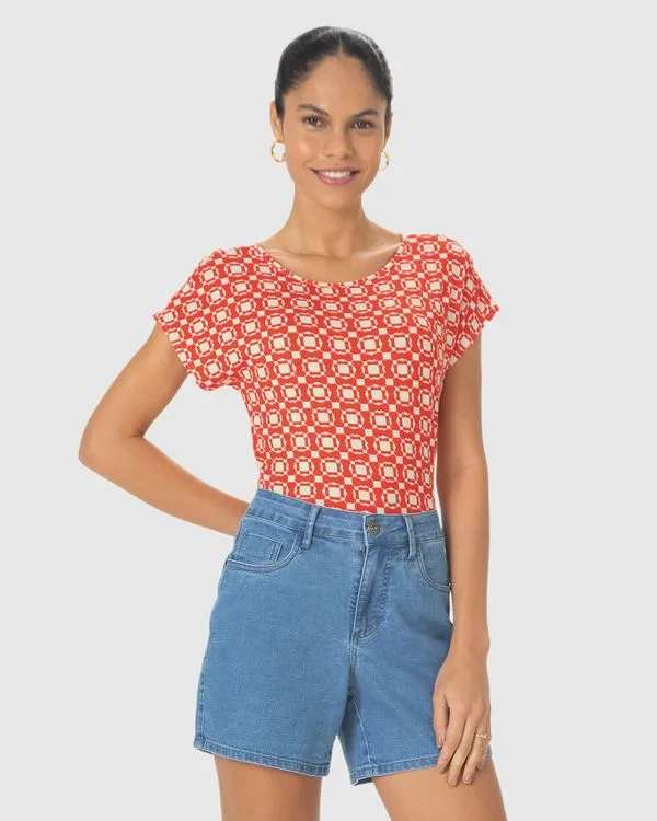 Blusa Feminina Estampada Decote Redondo Manga Curta Em Viscose Stretch Laranja - G