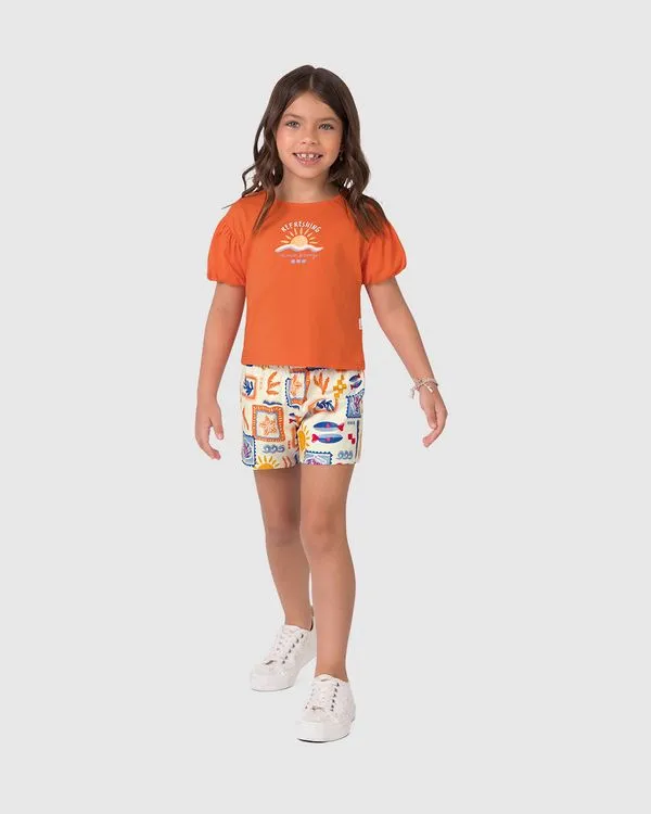 Conjunto Infantil Menina Blusa E Shorts Estampado Em Algodão Malwee Kids Laranja - 10
