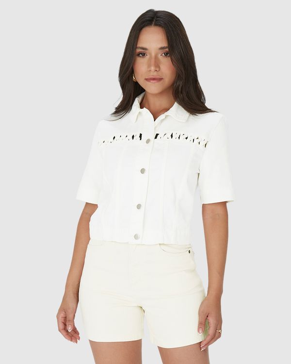 Shirt Jacket Feminina Manga Curta Em Sarja 100% Algodão Off White - G