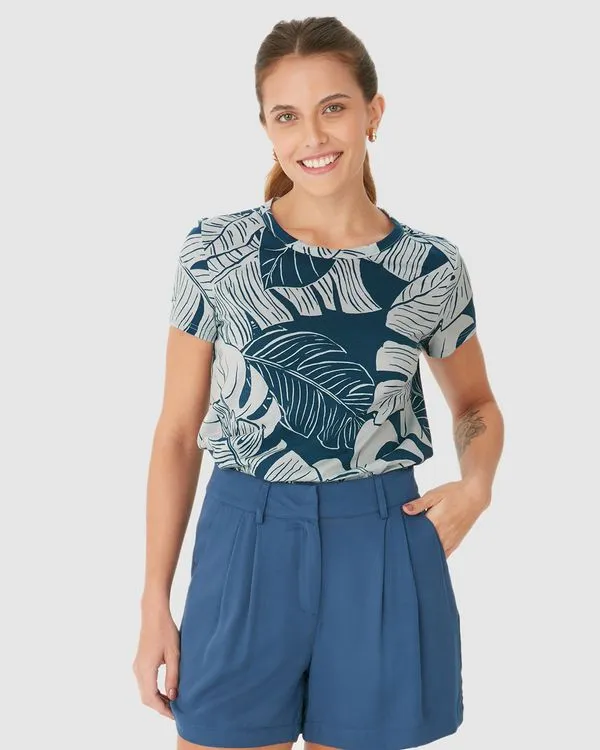Blusa Feminina Decote Redondo Folhagem Em Algodão Azul - P