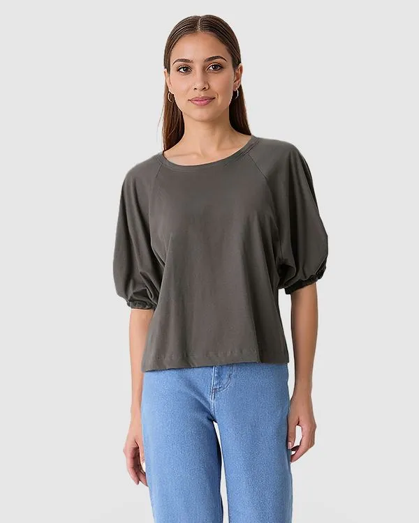 Blusa Ampla Feminina Manga Bufante Com Elástico Em Algodão Cinza - M