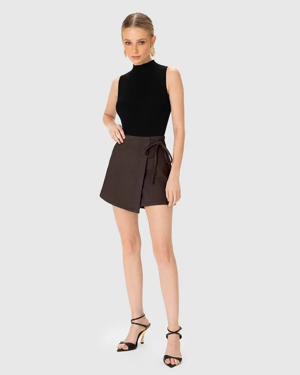 Shorts Saia Feminino Detalhe Amarração Em Sarja 100% Algodão - ENFIM Marrom - 44