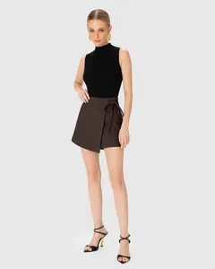 Shorts Saia Feminino Detalhe Amarração Em Sarja 100% Algodão - ENFIM Marrom - 44