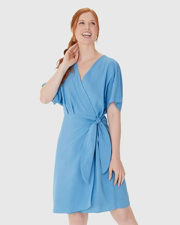 Vestido Feminino Transpassado Decote V Em Viscolinho Azul - G