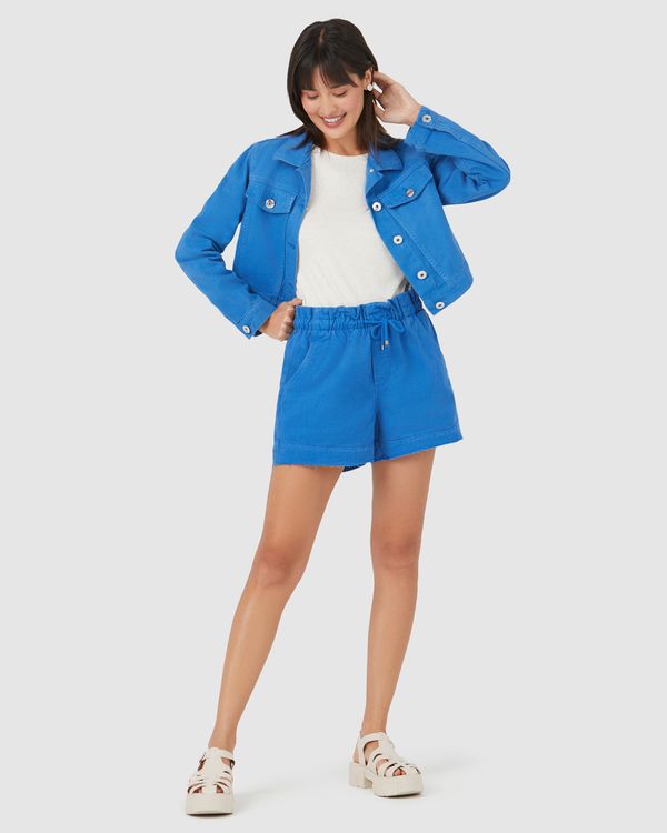 Shorts Feminino Linha A Cós Elástico Em Jeans 100% Algodão Azul - 44