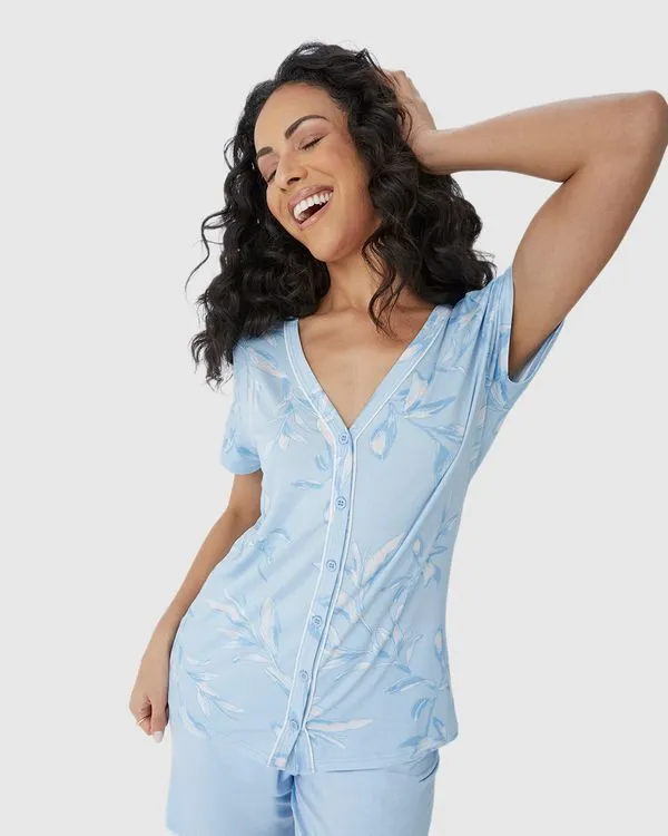 Pijama Feminino Camisa Estampada Com Abotoamento Frontal Em Viscose Stretch Azul - M