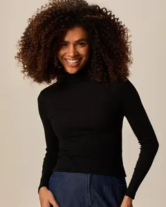 Blusa Básica Feminina Gola Alta Manga Longa Em Ribana Preto - M