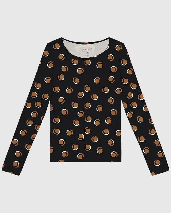 Blusa Feminina Estampada Decote Canoa Manga Longa Em Viscose Stretch Preto - P