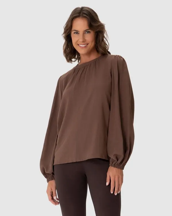 Blusa Ampla Feminina Manga Longa Bufante Em Viscolinho Marrom - M