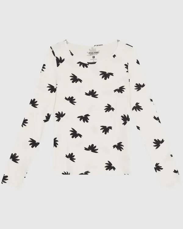 Blusa Feminina Estampada Decote Canoa Manga Longa Em Viscose Stretch Off White - P