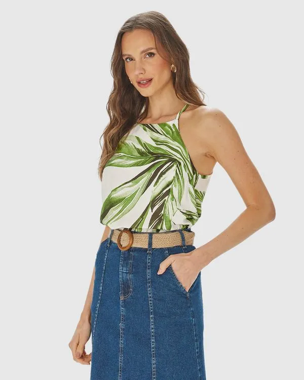 Regata Evasê Feminina Alça Fina Folhagem Em Viscose Off White - M
