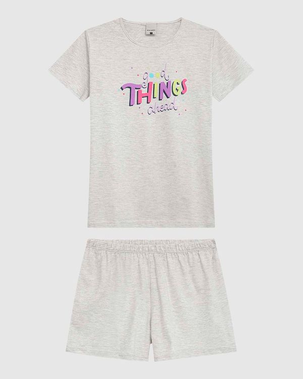 Pijama Feminino Blusa Estampa Lettering Frontal Em Malha Algodão Cinza - PP